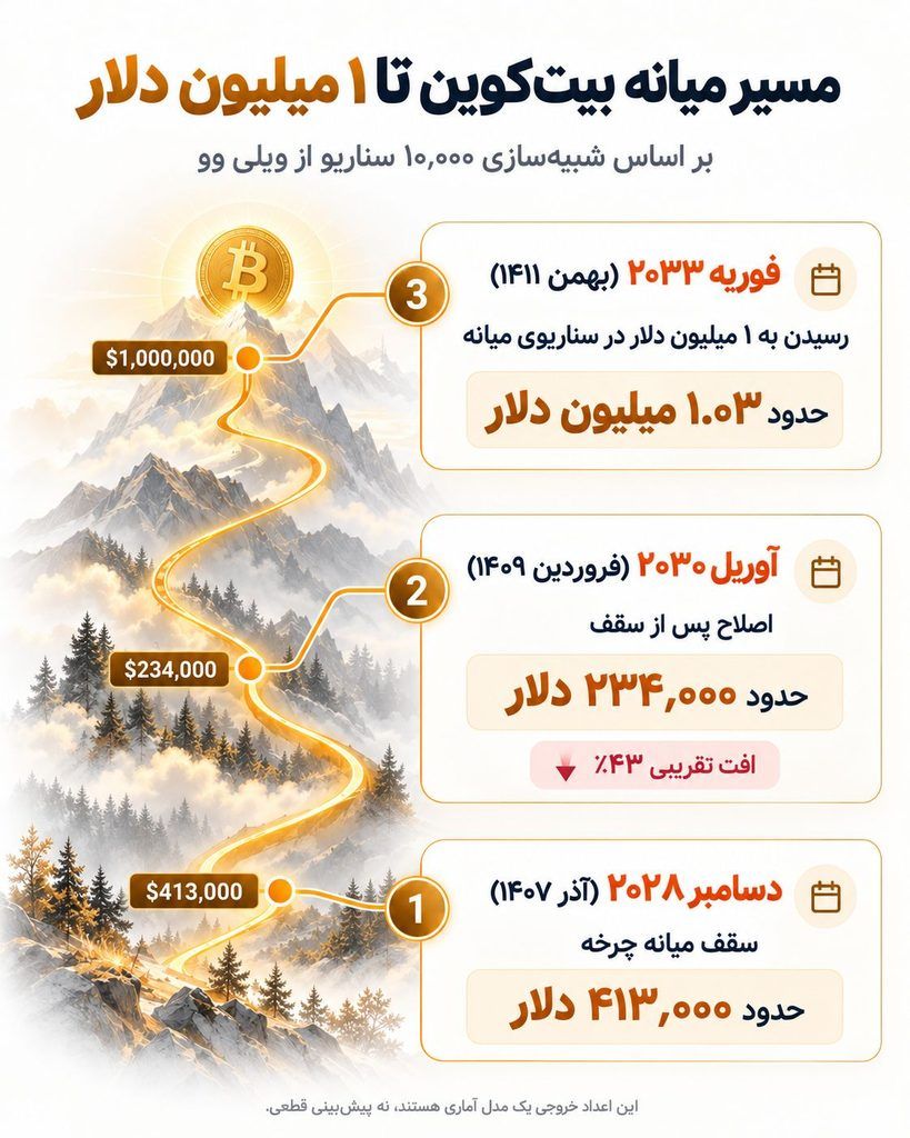 ۱۰ هزار شبیهسازی بیت کوین زمان دقیق یک میلیون دلاری شدن را مشخص کرد! بیت کوین کی یک میلیون دلاری میشود؟ پیشبینی جدید چه میگوید؟